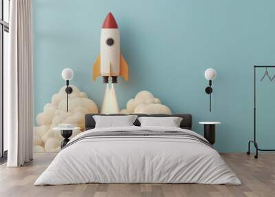 A whimsical rocket launches through a cloud of fluffy smoke against a soft blue background, symbolizing adventure and exploration. Wall mural