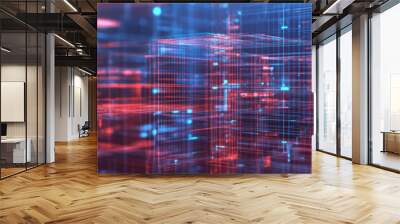 Abstract digital grid showcasing futuristic technology concept with glowing blue and red lines, representing data network and information flow. Wall mural