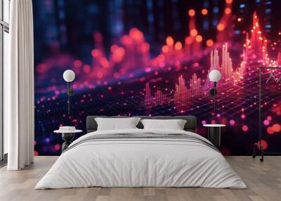 Abstract futuristic data visualization with glowing charts and graphs on a digital grid, illustrating modern technology trends and analysis. Wall mural