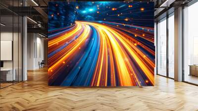 Abstract futuristic light trails on dark background, vibrant glowing lines and particles creating dynamic movement, concept of speed and technology. Wall mural