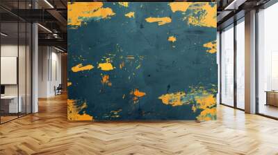 Abstract modern art with vibrant yellow and dark teal paint strokes on textured surface, creating a dynamic and energetic composition. Wall mural