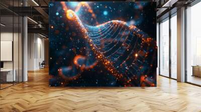 Abstract representation of DNA molecule with orange and blue glowing strands and particles, symbolizing genetic science and biotechnology. Wall mural