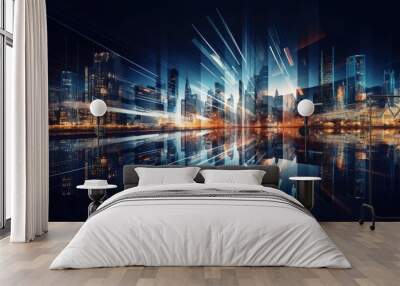 Abstract smart network and connection technology concept in city at night for business web banner, business design template, Generative AI Wall mural