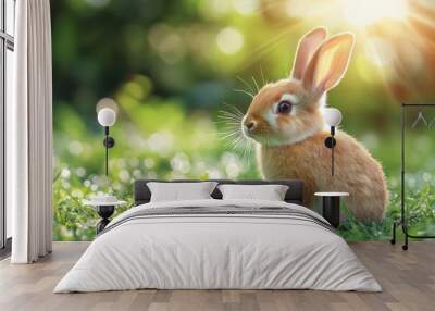 Adorable baby rabbit sitting on a lush green grass field, with sunlight streaming through, creating a warm, serene, and peaceful atmosphere. Wall mural