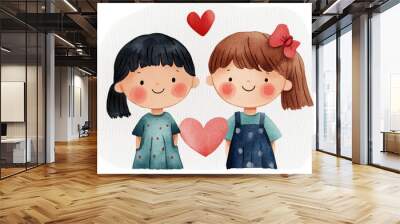 Adorable watercolor illustration of two smiling children with hearts, representing friendship and love. Wall mural