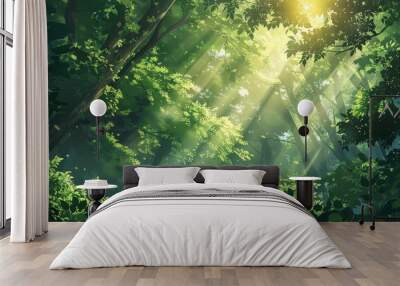 Aesthetic artwork featuring lush foliage and soft sunlight filtering through the forest canopy in a manga-inspired style. Wall mural