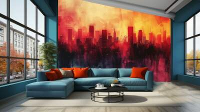 an abstract and gritty urban cityscape depicted in an illustration painting. Wall mural