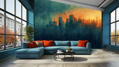 An abstract and gritty urban cityscape depicted in an illustration painting. Wall mural