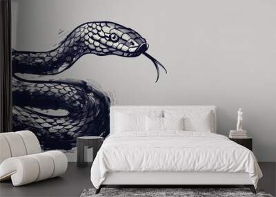 Artistic illustration of a snake in black and white, featuring intricate details and a minimalist background, ideal for creative projects and designs. Wall mural