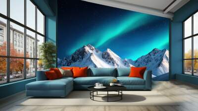 Captivating nighttime view of snowy mountain peaks under a vivid aurora borealis sky, casting a mesmerizing glow. Wall mural