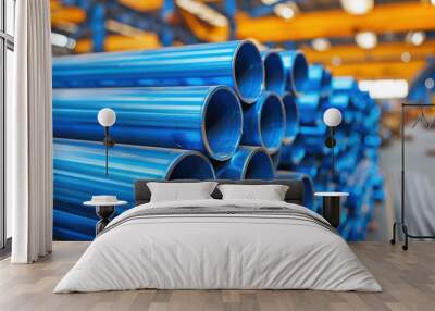 Close-up of stacked blue metal pipes inside an industrial warehouse with vibrant orange and blue structural elements in the background. Wall mural