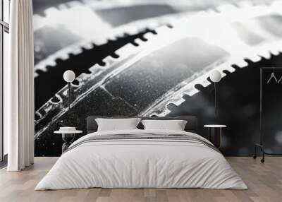 Close-up of vintage film reel with dramatic lighting, showcasing the texture and detail of classic cinema equipment in black and white. Wall mural