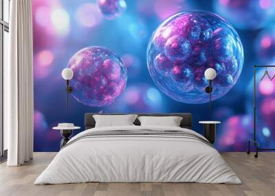 Colorful abstract microscopic cells with glowing spheres in blue and pink hues, close-up view of a biological structure in vibrant detail. Wall mural