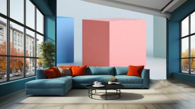 Colorful geometric cubes in pastel shades are arranged in a row on a light background, creating a modern and minimalist composition. Wall mural