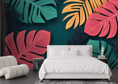 Colorful tropical leaves arranged against a dark background, highlighting the vibrant patterns and textures. Perfect for summer-themed designs and nature projects. Wall mural