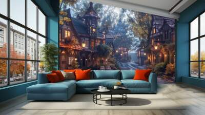 Dreamy village in Europe with cobblestone streets. Imaginary world setting. Artistic portrayal. CGI imagery for gaming. Creative industry visuals. Abstract landscape design. Innovative AI creation. Wall mural