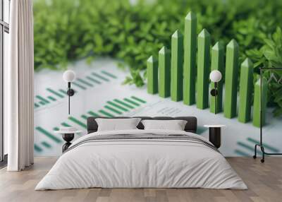 Eco-friendly business growth concept with green graph bars and lush foliage, representing sustainable development and environmental progress. Wall mural