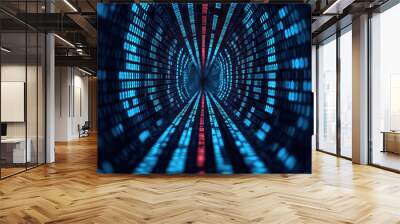 Futuristic digital data tunnel with binary code, blue and red glowing lines illustrating technology, communication, and cyber concepts. Wall mural