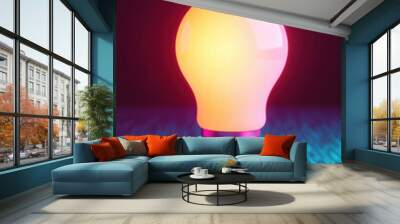 Glowing LED light bulb stands on a glowing grid, representing modern innovation and futuristic technology in a minimalist and vibrant design. Wall mural