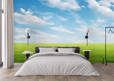 Green grass field agains the blue cloud sky, Generative AI Wall mural