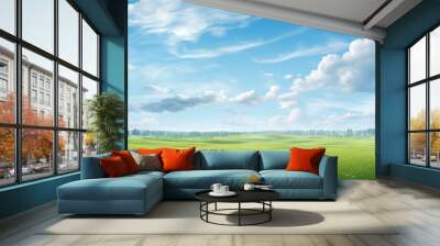 Green grass field agains the blue cloud sky, Generative AI Wall mural