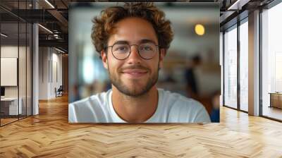 His trendy glasses and warm smile exude confidence and trust, making him the epitome of success and positivity in his casual winter attire. Wall mural