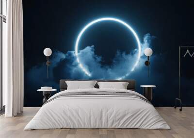 Illuminated blue circular ring surrounded by dark smoke, creating a mystic and futuristic atmosphere. Perfect for sci-fi and fantasy themed designs. Wall mural