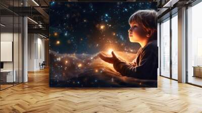 Illustragion of beautiful scenery showing the young boy girl among glowing planets and star in the night sky, dreaming or hope concept, Generative AI Wall mural