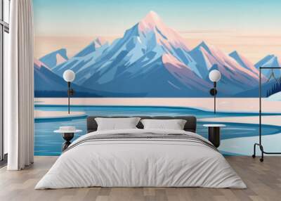 Illustrated winter mountain landscape with snow-covered peaks and a tranquil frozen lake under a pastel sky at sunset. Wall mural