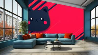 Minimalistic cute black cat illustration on a vibrant red background with dynamic lines, perfect for creative designs, websites, and social media. Wall mural