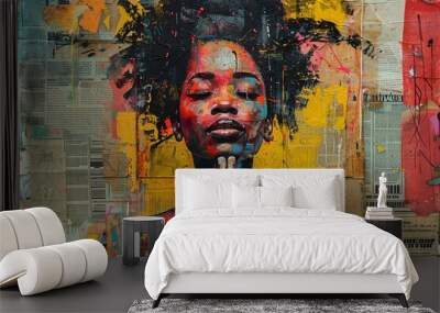 Mixed media artwork depicting an African woman in prayer, encompassing elements of urban street art with a variety of textures, colors, and techniques. Wall mural