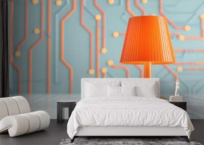 Modern orange table lamp with a futuristic design, set against a stylish background with circuit board patterns, perfect for tech-themed decor and design. Wall mural