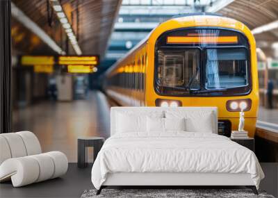 Modern yellow train at a sleek station platform, waiting for passengers in an urban transportation setting, under bright lights. Wall mural