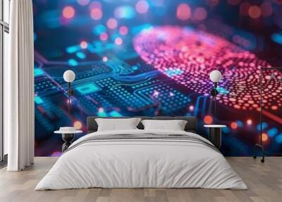 Neon background enhances the visual appeal of the cyber security system using fingerprint technology, highlighting the concept of technology and security with space for custom information. Wall mural