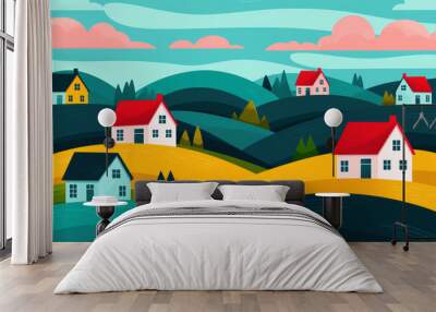 Scenic countryside illustration with colorful houses, rolling hills, and a vibrant sky. Ideal for rural themes, nature, and landscape concepts. Wall mural