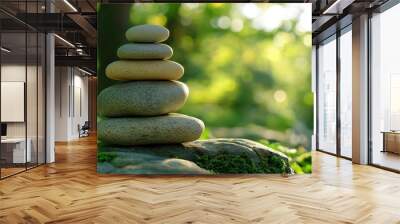 Stacked pebbles in a tranquil forest setting, symbolizing balance and harmony in nature with a soft morning light enhancing the peaceful ambiance. Wall mural