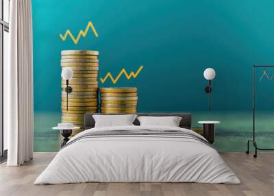 Stacks of gold coins with rising arrow graphics on a green background, representing financial growth, investment success, and economic progress. Wall mural