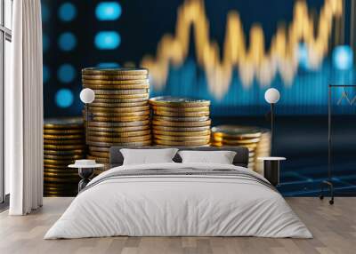 Stacks of golden coins against a background of a fluctuating stock market chart, representing financial growth, investment, and economic success. Wall mural