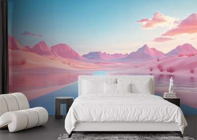 Surreal landscape featuring a pastel-colored desert with a winding blue river and mountains in the background under a vibrant sky with fluffy clouds. Wall mural