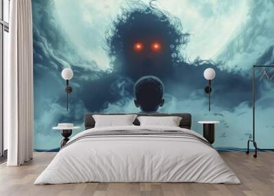 The artwork features a young child lying on a bed, bravely confronting a menacing creature in a shadowy landscape, depicted in a digital art style. Wall mural