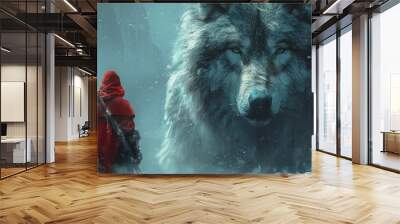 The man in the hood with spear faceing the giant winter wolf, digital art style, illustration painting Wall mural