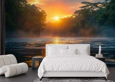 The river in the tropical rainforest meanders through dense jungle vegetation at dawn or dusk. The Amazon River flows peacefully through the lush rainforest. Wall mural