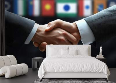 Two business professionals shake hands to signify partnership and collaboration, showcasing international cooperation with flags in background. Wall mural