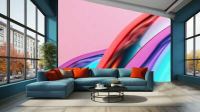 Vibrant abstract background with metallic colorful curves and glossy reflections on a pink gradient backdrop, perfect for modern designs and creative projects. Wall mural