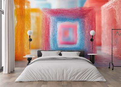 Vibrant abstract cubes in pastel colors, showcasing creative 3D art with a delicate texture and soft focus background for modern design inspiration. Wall mural