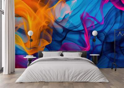 Vibrant abstract digital artwork with colorful swirling patterns in blue, orange, and pink, creating a dynamic and mesmerizing visual experience. Wall mural