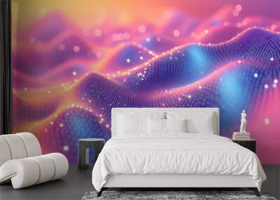 Vibrant abstract digital wave landscape with glowing particle light, neon colors, futuristic technology background, dynamic mesh surface. Wall mural