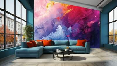 Vibrant abstract painting with a mix of red, orange, purple, and blue tones, creating a dynamic and colorful visual experience. Wall mural