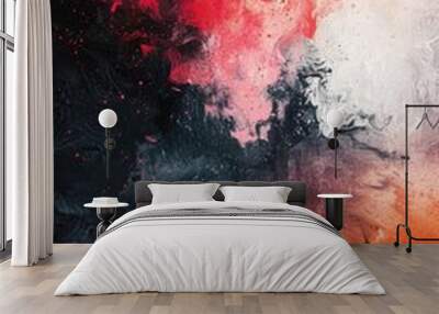 Vibrant abstract painting with a vivid blend of red, orange, black, and white colors, evoking a sense of energy and movement. Wall mural