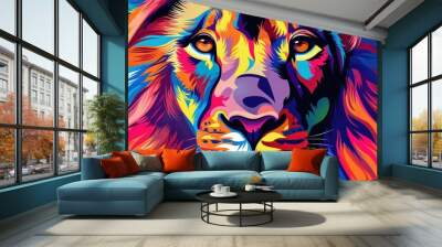 Vibrant and colorful digital illustration of a lion with a bold, abstract design. Perfect for creative artwork and decorative prints. Wall mural